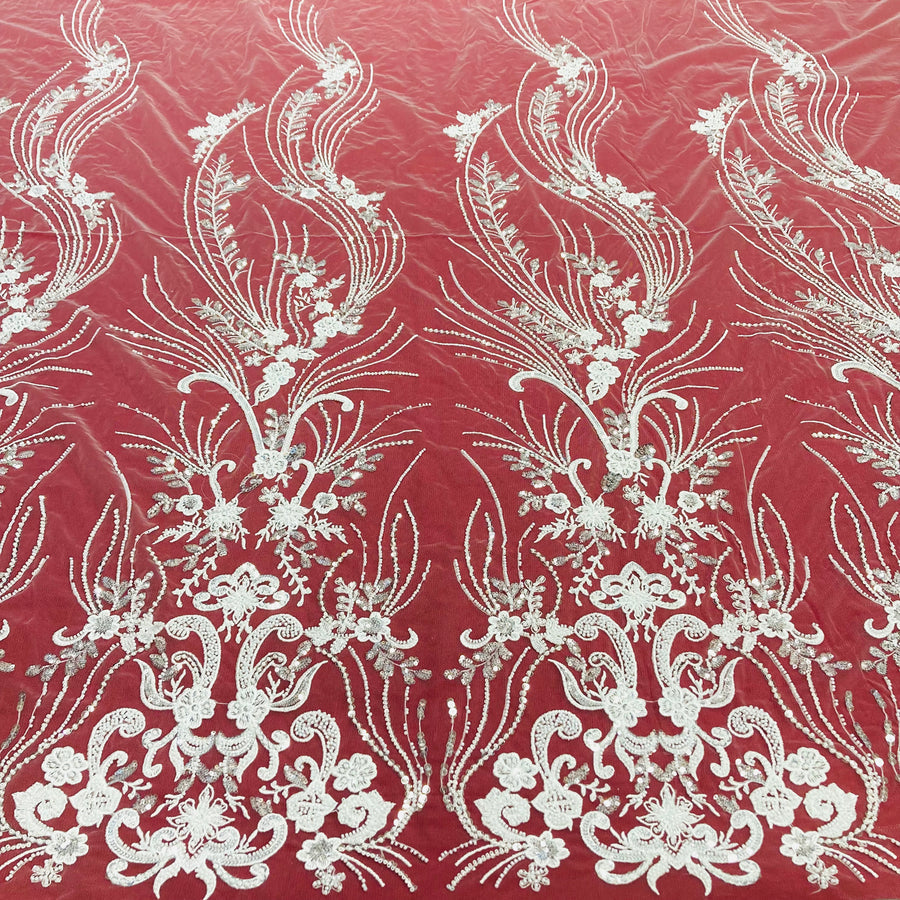 1 Yard Beaded Lace Fabric Embroidered on Polyester Net Mesh White and Ecru