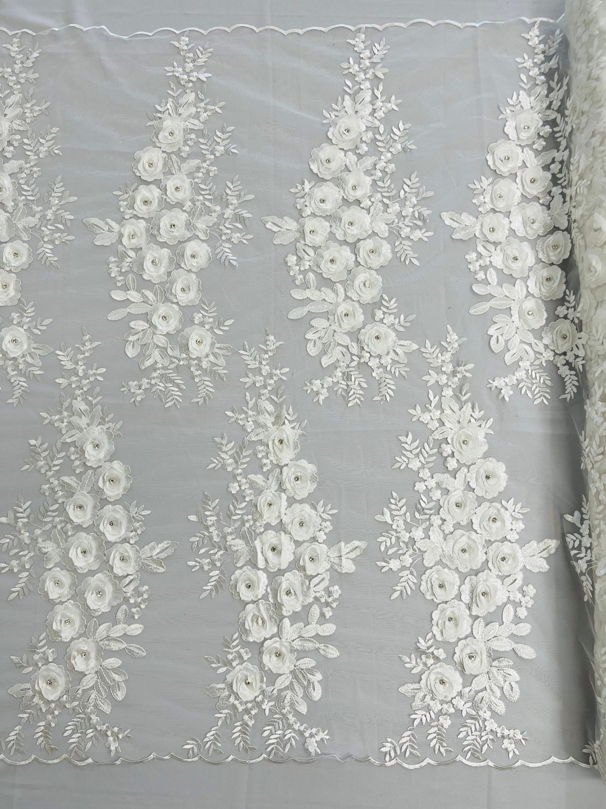 Rosa 3D Floral Design With Rhinestones Polyester Fabric - 3D Floral Embroidered Mesh Lace, 54" Width (1 Yard)