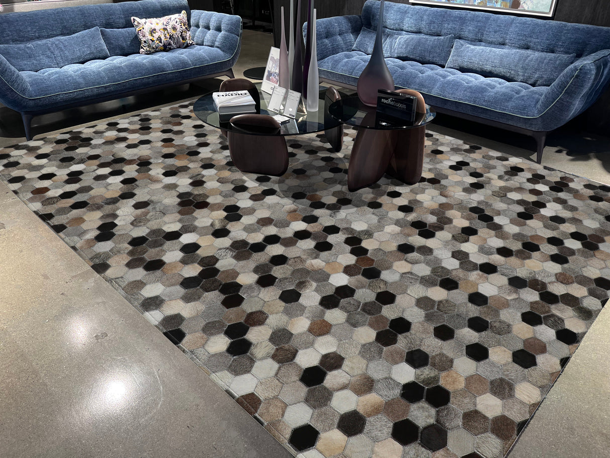 Patchwork PCH217 100% Hairon Leather Fabric - Geometric Octagon, Earthy Browns With Black Accents (5' X 7')