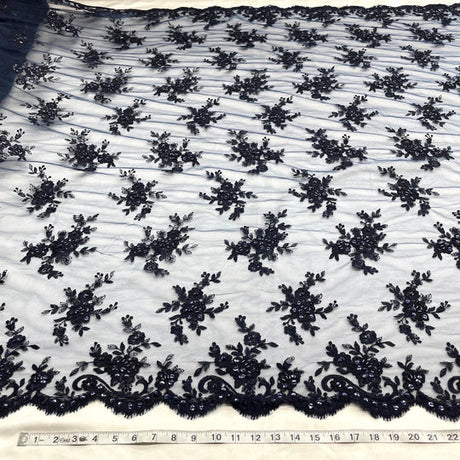 1 Yard Beaded and Corded Bridal Fabric Lace Embroidered on Polyester Net Mesh 54 inch Width