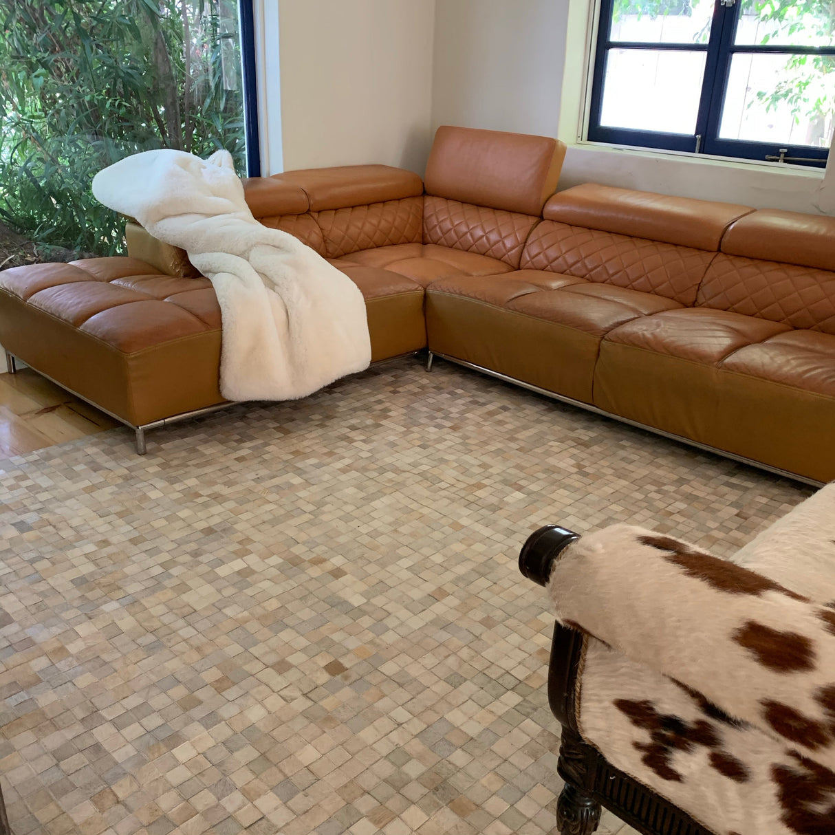Natural Cowhide Leather Patchwork Tile Area Rug - 100 Percent Real Cowhide Fabric, Patchwork, Natural Multi Color, Handmade, Area Rug (1 Unit)