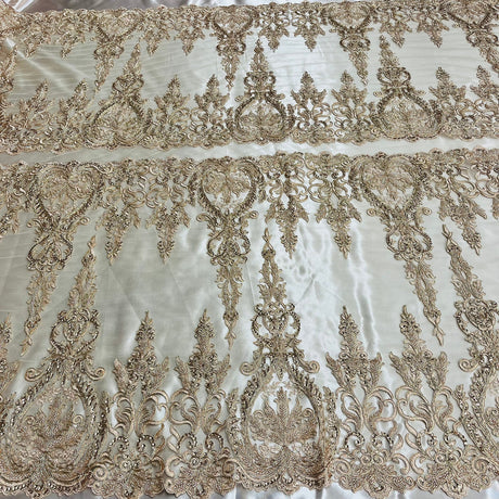 1 Yard Beaded and Corded Bridal Lace Fabric Embroidered on Polyester Net Mesh White Ivory Blush and Gold