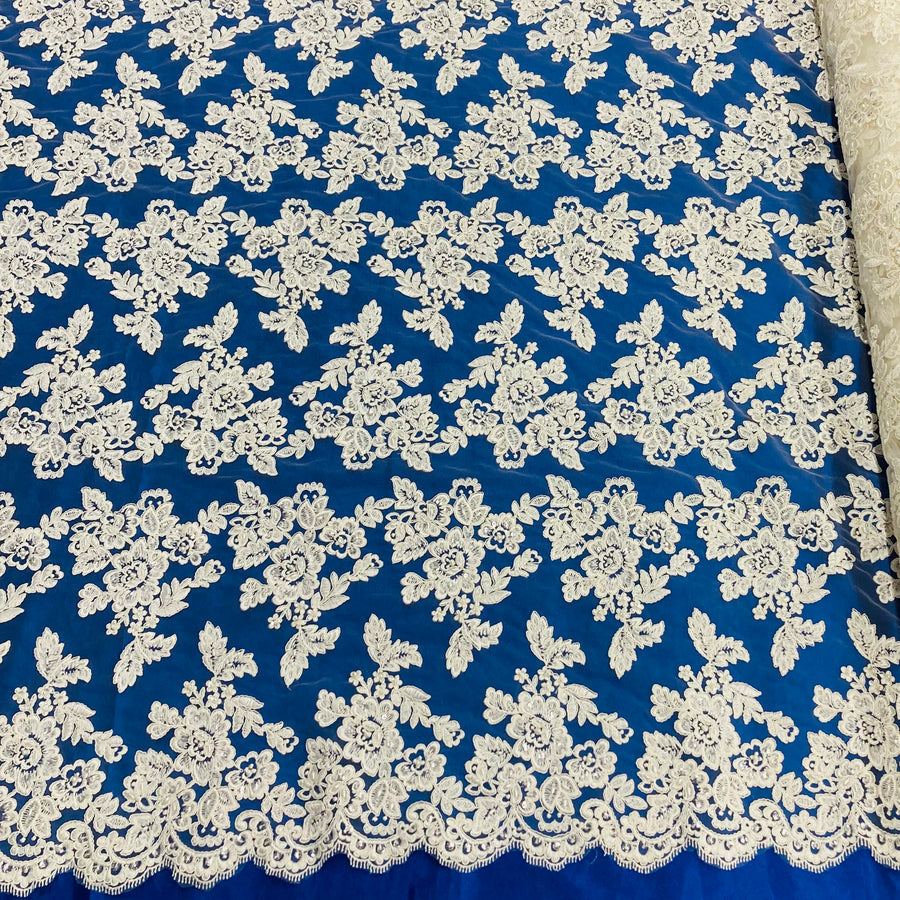 1 Yard Beaded and Corded Bridal Lace Fabric Embroidered on Polyester Net Mesh