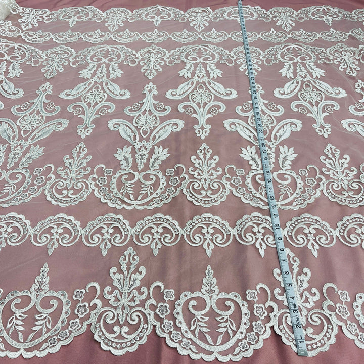 1 Yard Beaded and Corded Bridal Lace Fabric for Elegant Dresses White