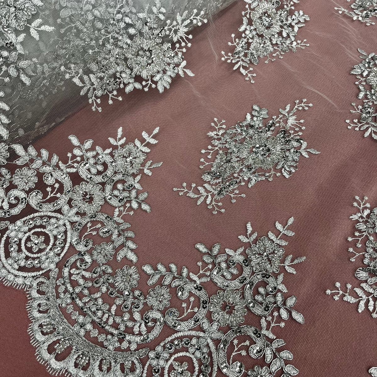 1 Yard Beaded & Corded Lace Fabric on 100% Polyester Net Mesh, Elegant Embroidered Lace Material