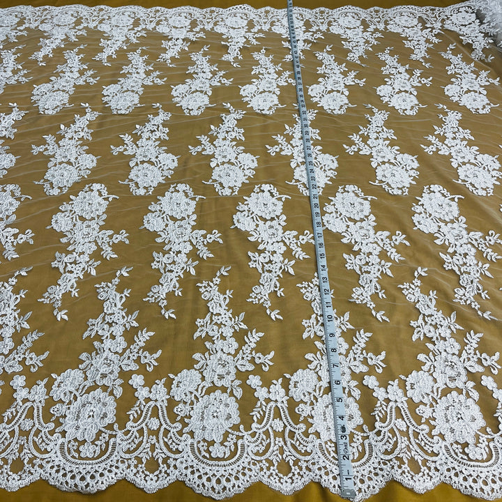 1 Yard Corded Bridal Lace Fabric Embroidered on Net Mesh White