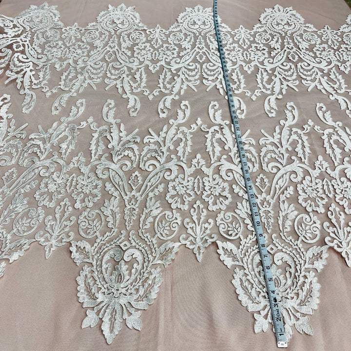 1 Yard Corded Bridal Lace Fabric Embroidered on 100% Polyester Net Mesh White
