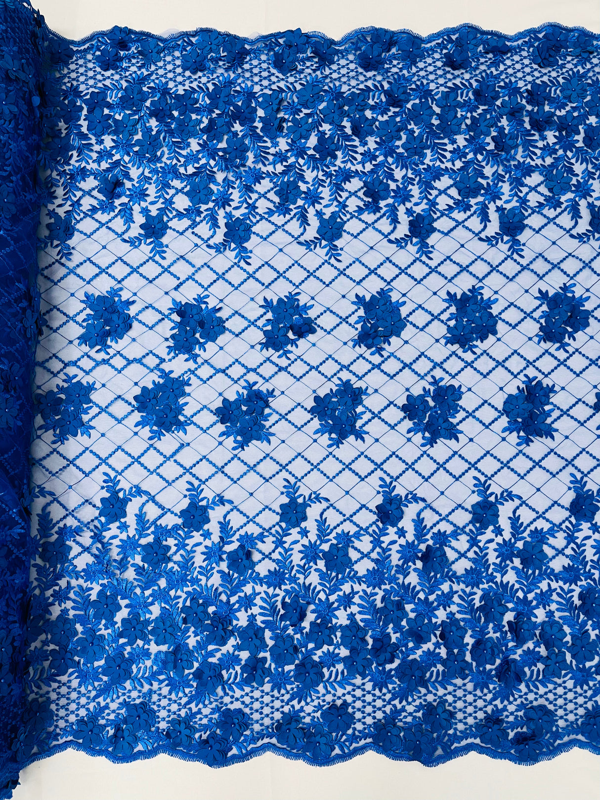 Lia 3D Floral Design Lace Fabric - Beaded Mesh, Double Scallop, 54" Width (1 Yard)