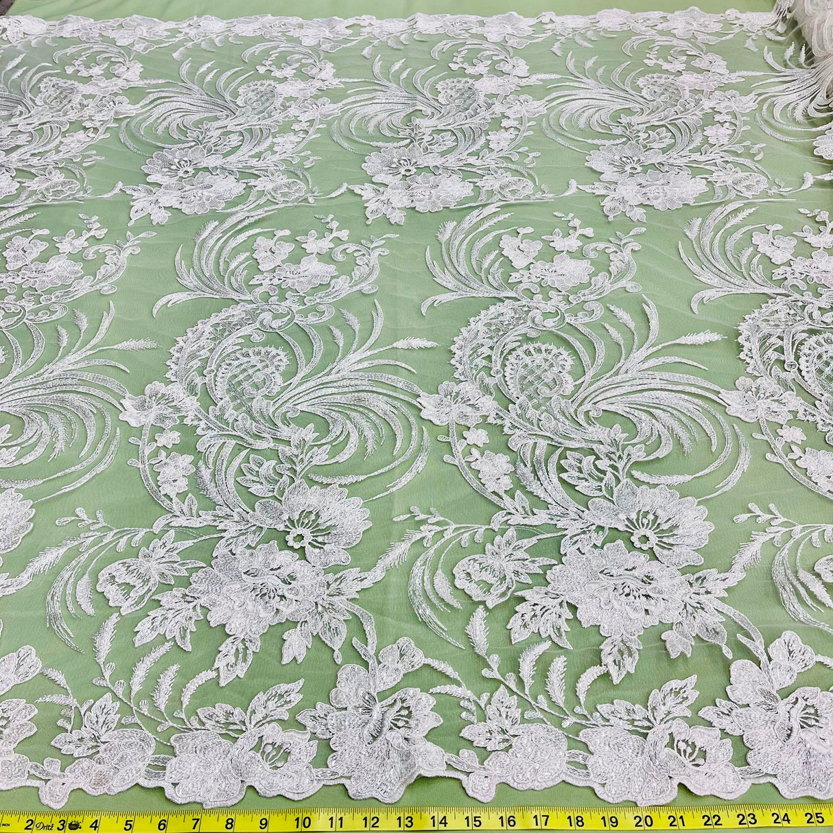 1 Yard Corded & Sequined Bridal Lace Fabric Embroidered on 100% Polyester Net Mesh – Silver – 54"