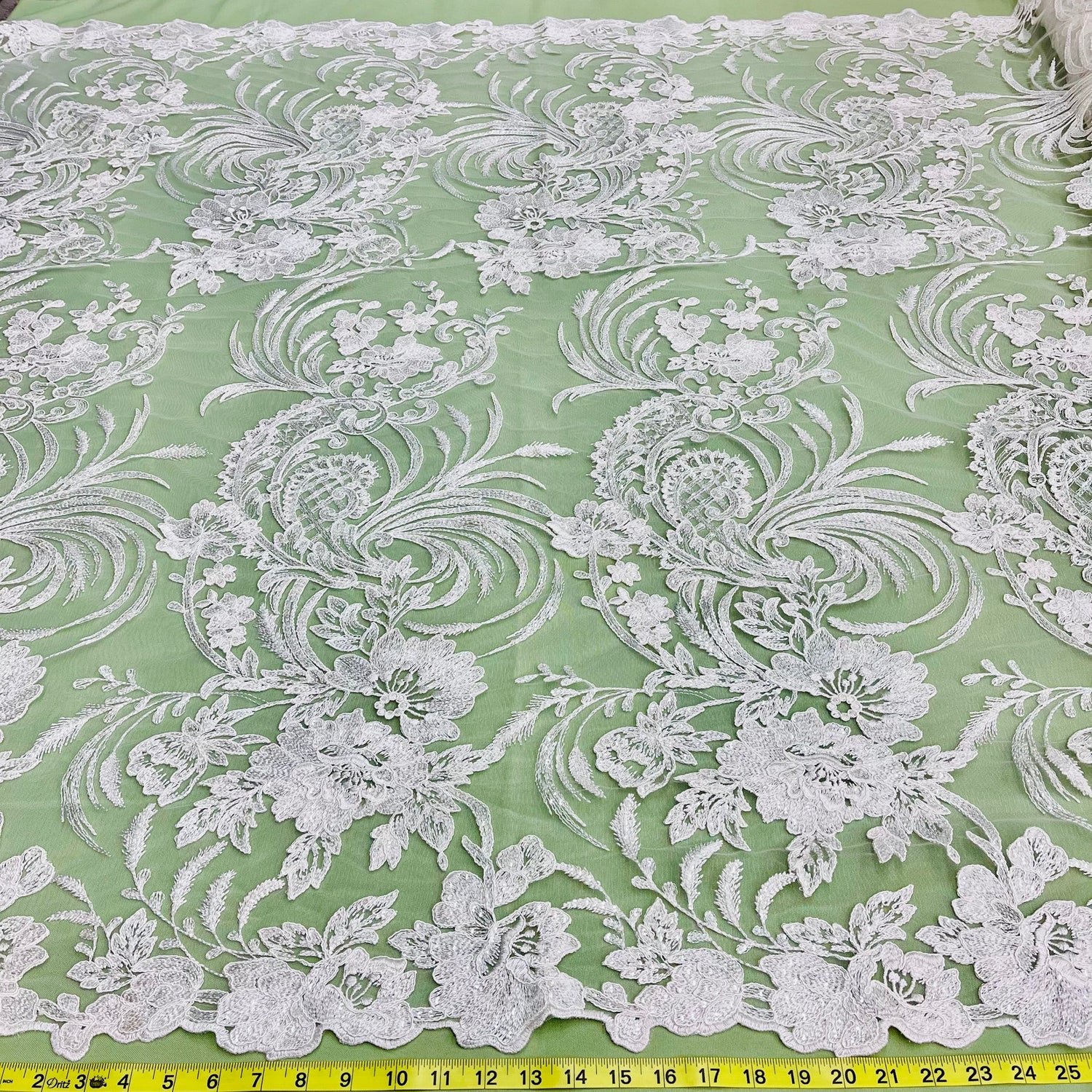 1 Yard Corded & Sequined Bridal Lace Fabric Embroidered on 100% Polyester Net Mesh – Silver – 54"