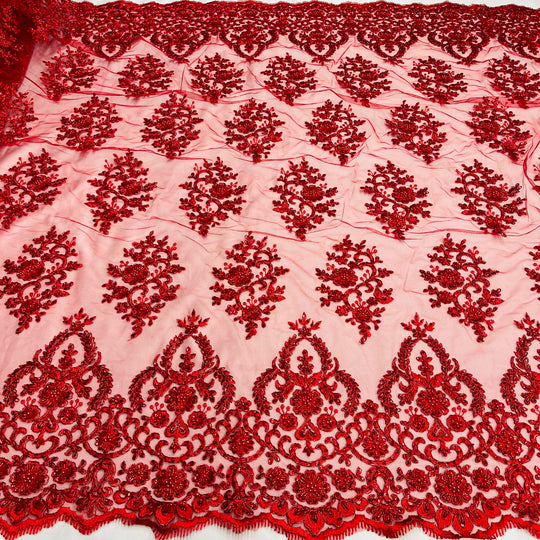 1 Yard Luxurious Beaded and Corded Bridal Lace Fabric Embroidered on Polyester Net Mesh