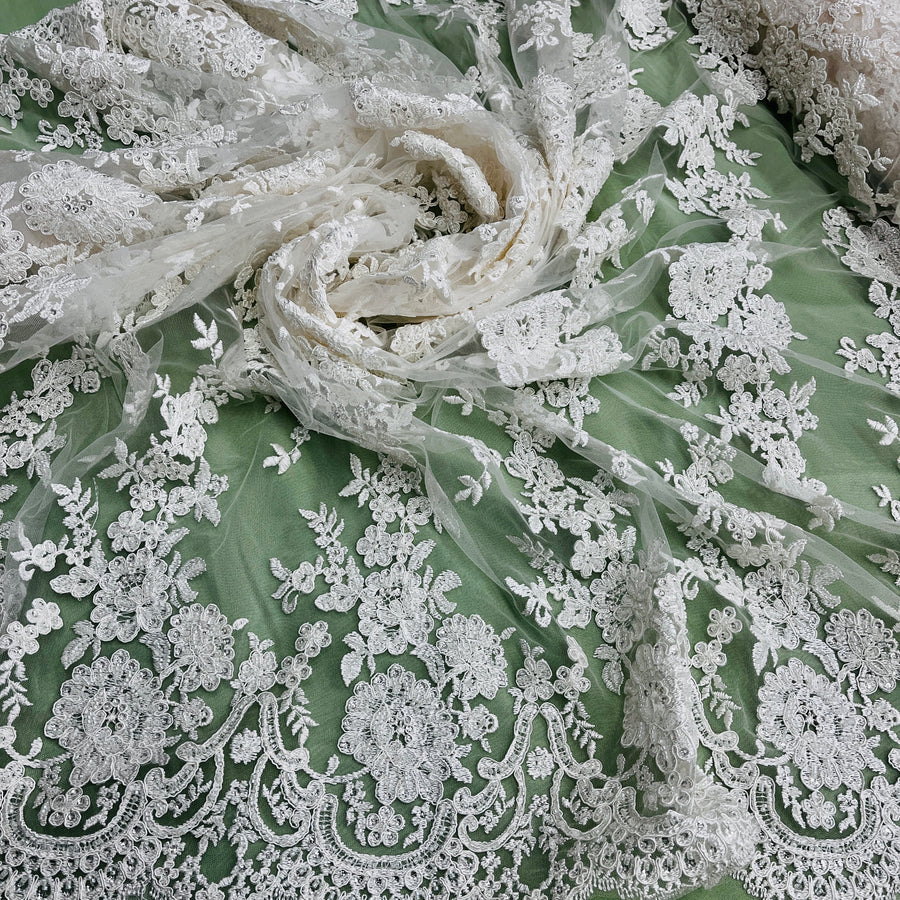 1 Yard Beaded Corded Bridal Lace Fabric Embroidered on 100% Polyester Net Mesh White
