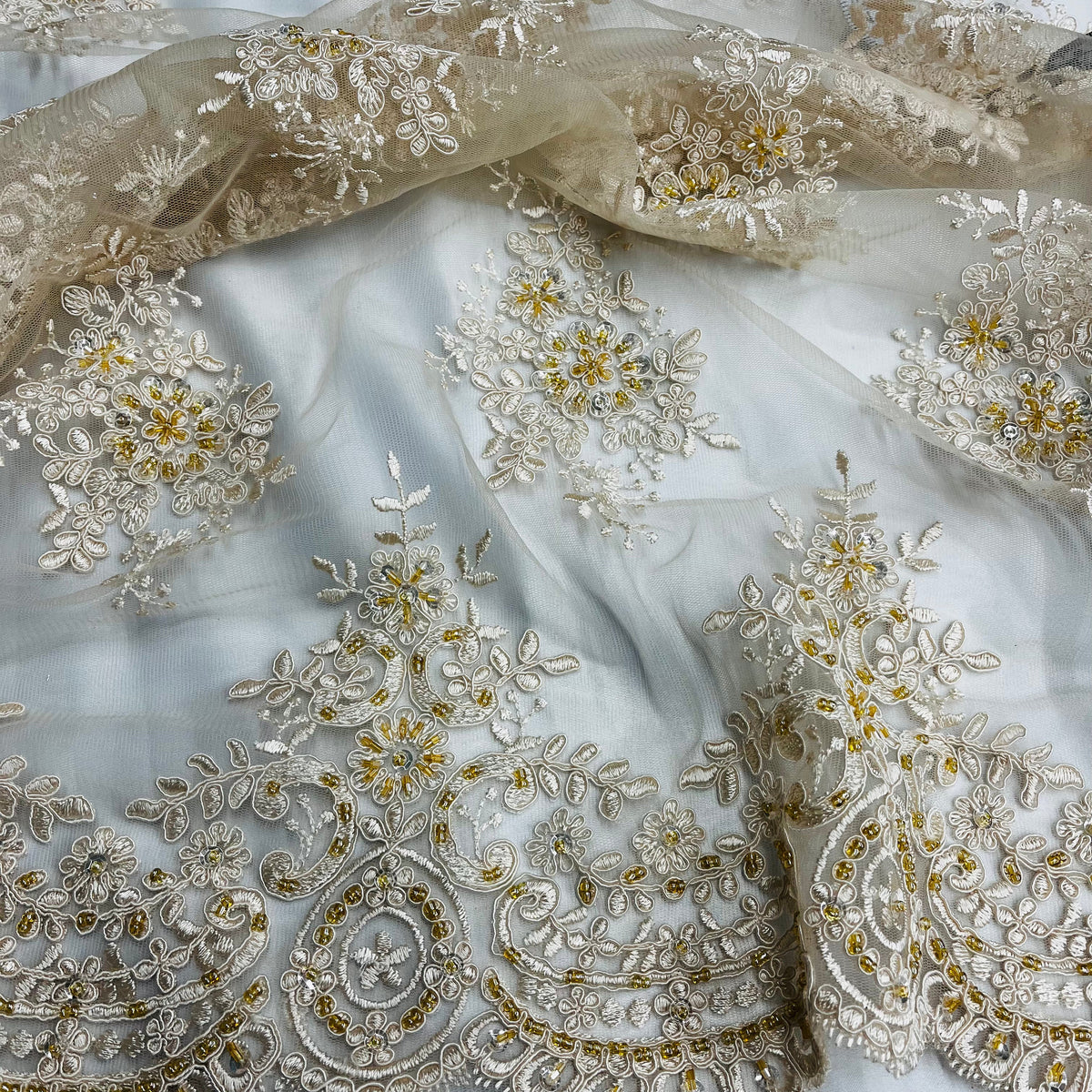 1 Yard Beaded & Corded Embroidered Lace Fabric on 100% Polyester Net Mesh, Elegant Wedding & Evening Material