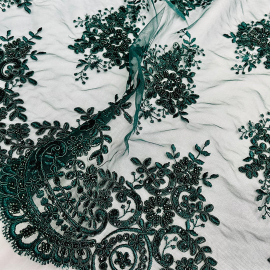 1 Yard Exquisite Beaded and Corded Lace Fabric Embroidered on Polyester Net Mesh