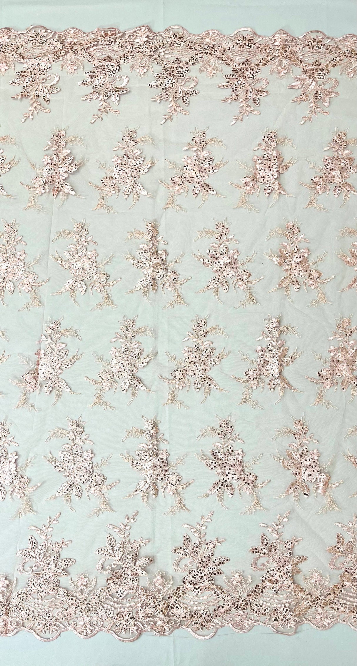 Valentina Embroider Floral Lace Polyester Fabric - Corded Floral Embroidery With Sequins, Mesh Lace, Double Scallop Edge, 50-54" Width (1 Yard)