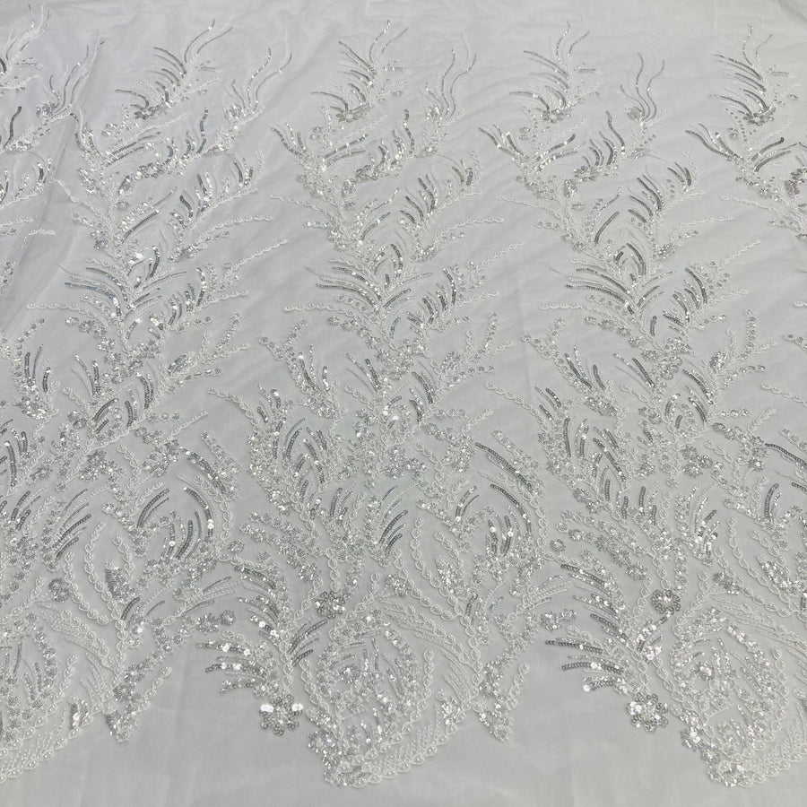 1 Yard Beaded Lace Fabric Embroidered on Polyester Net Mesh White and Ecru