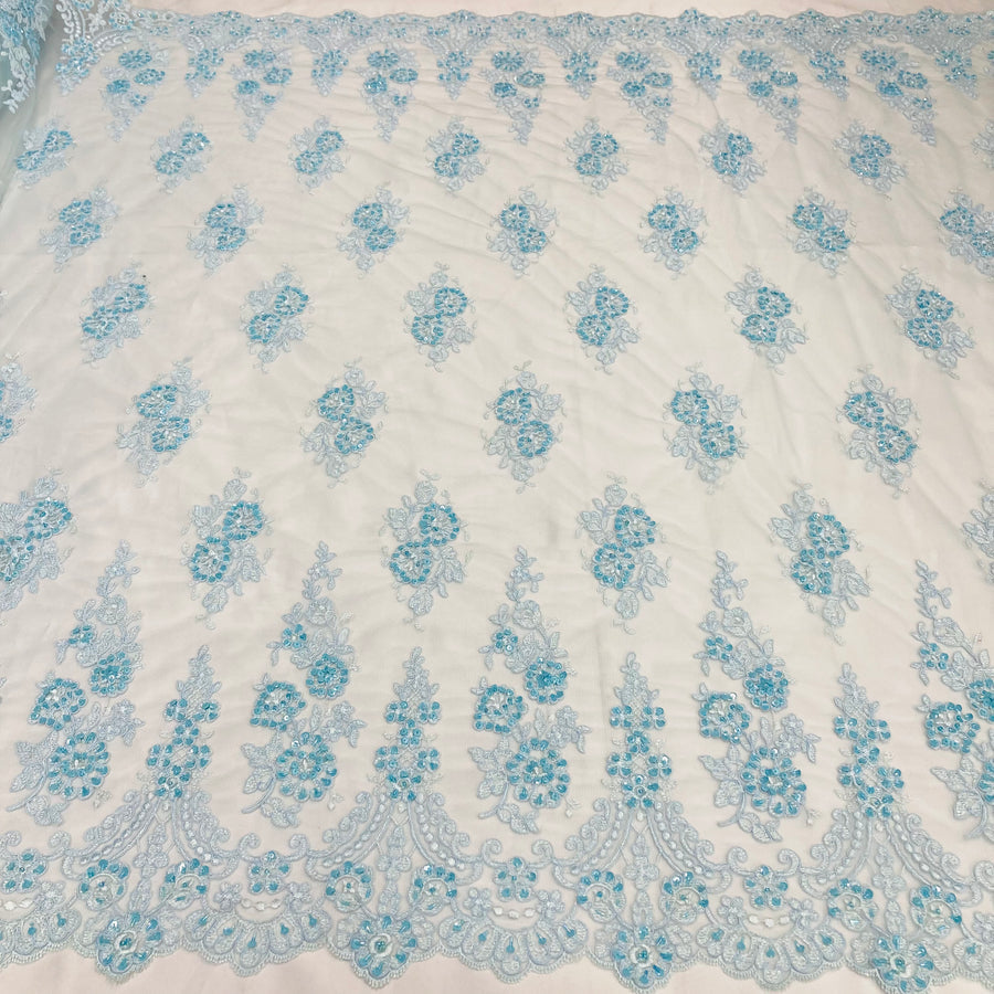 1 Yard Beaded Corded Lace Fabric Embroidered on 100 Percent Polyester Net Mesh 52 Inch Width
