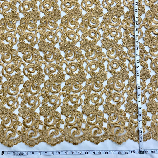 1 Yard Luxurious Beaded and Corded Bridal Lace Fabric Embroidered on Polyester Net Mesh