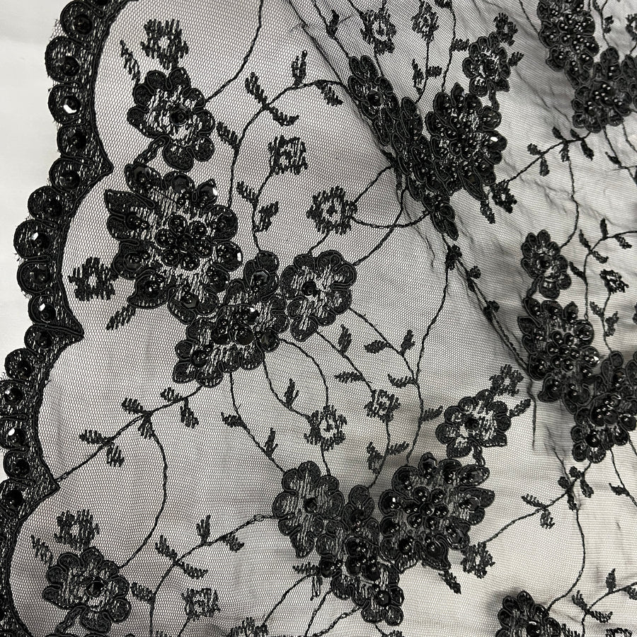 1 Yard Beaded and Corded Lace Fabric Embroidered on Polyester Net Mesh