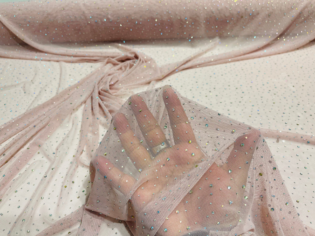 Sheer All Over AB Rhinestones Stretch Power Mesh Fabric - Colorful Rhinestone Embellishment, 58IN WIDTH (1 Yard)