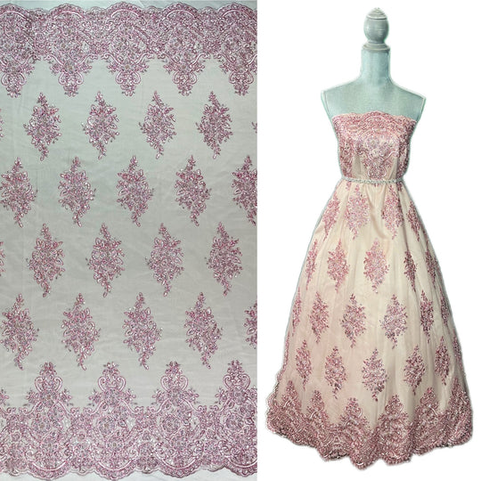 1 Yard Regal Beaded and Corded Lace Fabric with Scallops Embroidered on Polyester Net Mesh