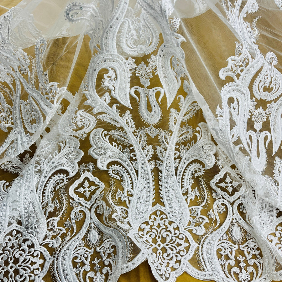 1 Yard Luxurious Beaded Lace Fabric Embroidered on Polyester Net Mesh for Bridal Gowns