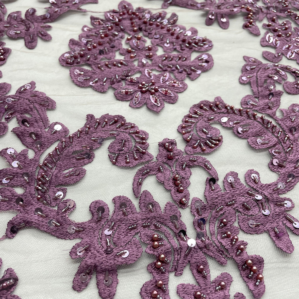 Beaded Lace Fabric on Polyester Net Mesh 56"