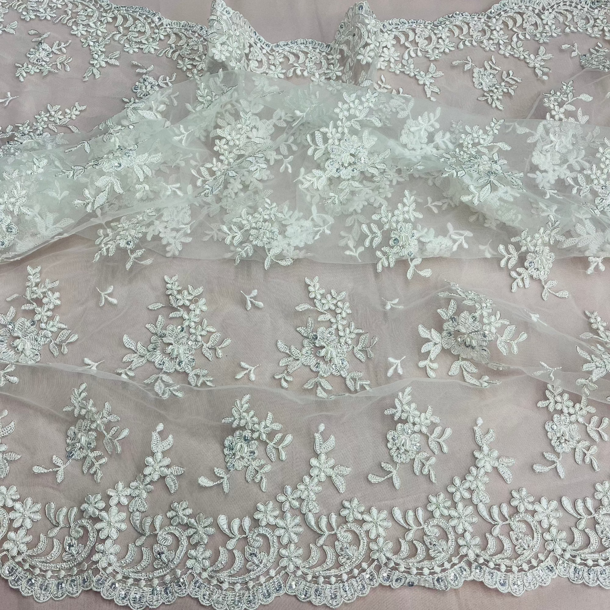 Beaded Corded Floral Lace Fabric 52" Scalloped Edges