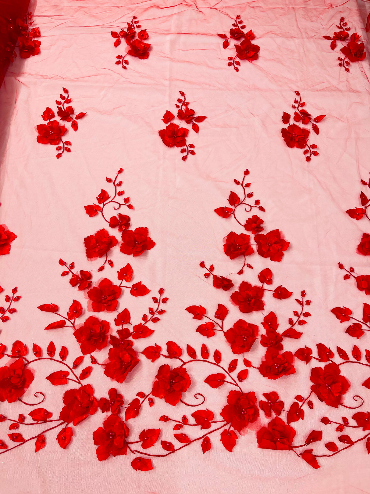 Orquidia 3D Floral Design Embroidered With Pearls Lace Fabric - 3D Floral Mesh Lace, 54" Width (1 Yard)