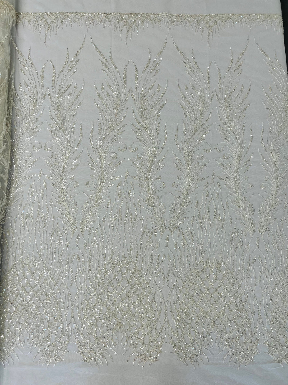 Wing Feather Damask Beaded Lace Fabric - Feather Damask, Beaded Mesh Lace, 50-54" Width (1 Yard)