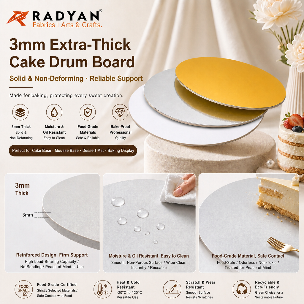 RADYAN 3mm Thick Round Cake Drum Board, Premium High-Density Hard Cardboard Cake Base for Tiered Cake Display