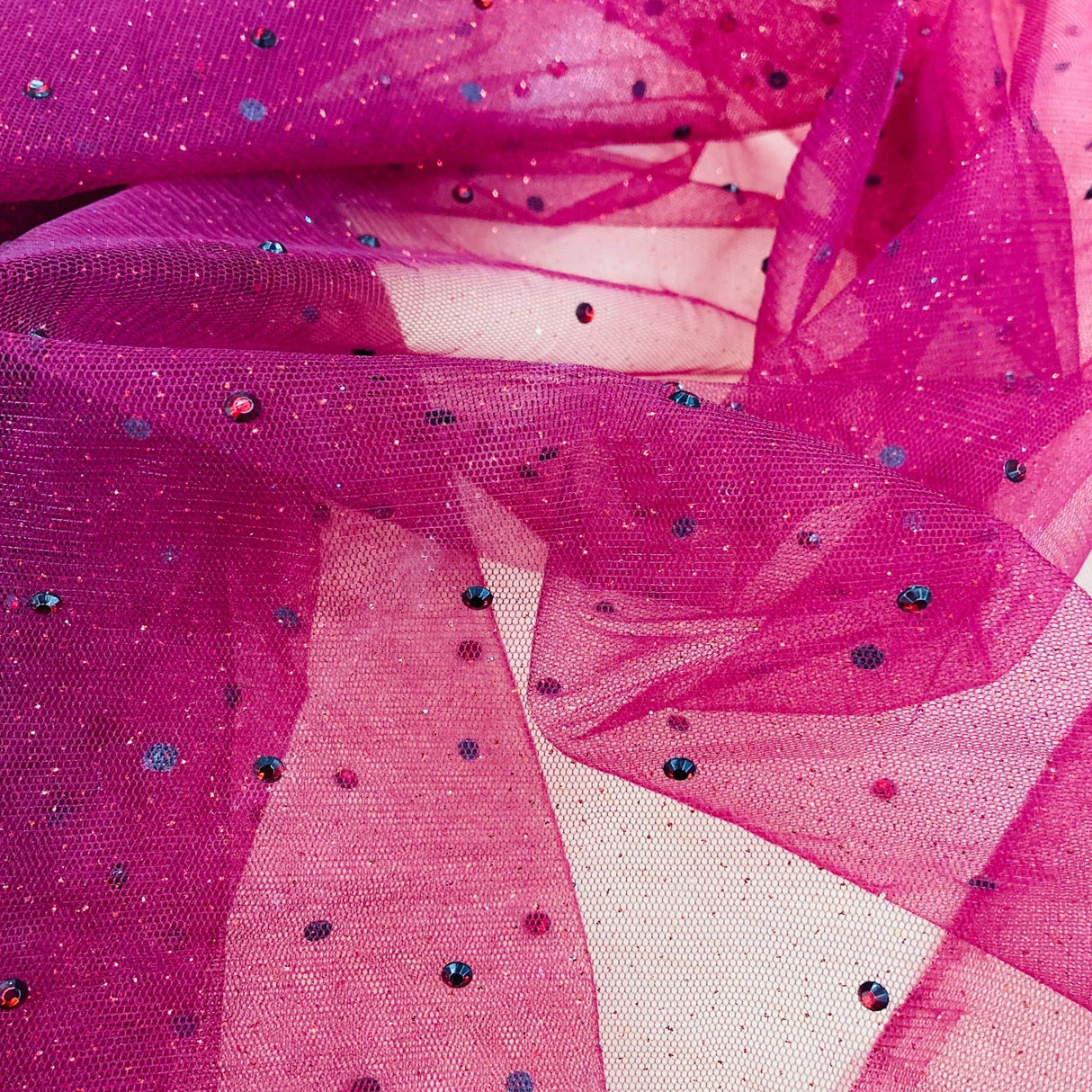 Glitter Mesh Fabric with Scattered Rhinestones