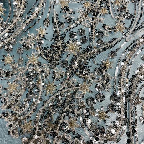1 Yard Silver Beaded Lace Fabric Embroidered on Polyester Net Mesh Pearls Sequins 54 Inch Width
