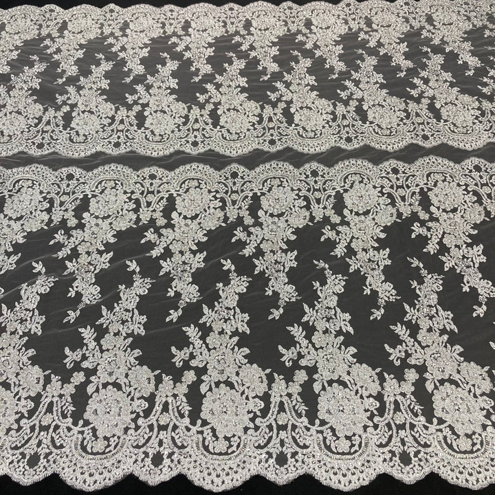 1 Yard Opulent Beaded and Corded Bridal Lace Fabric Embroidered on 100% Polyester Net Mesh White