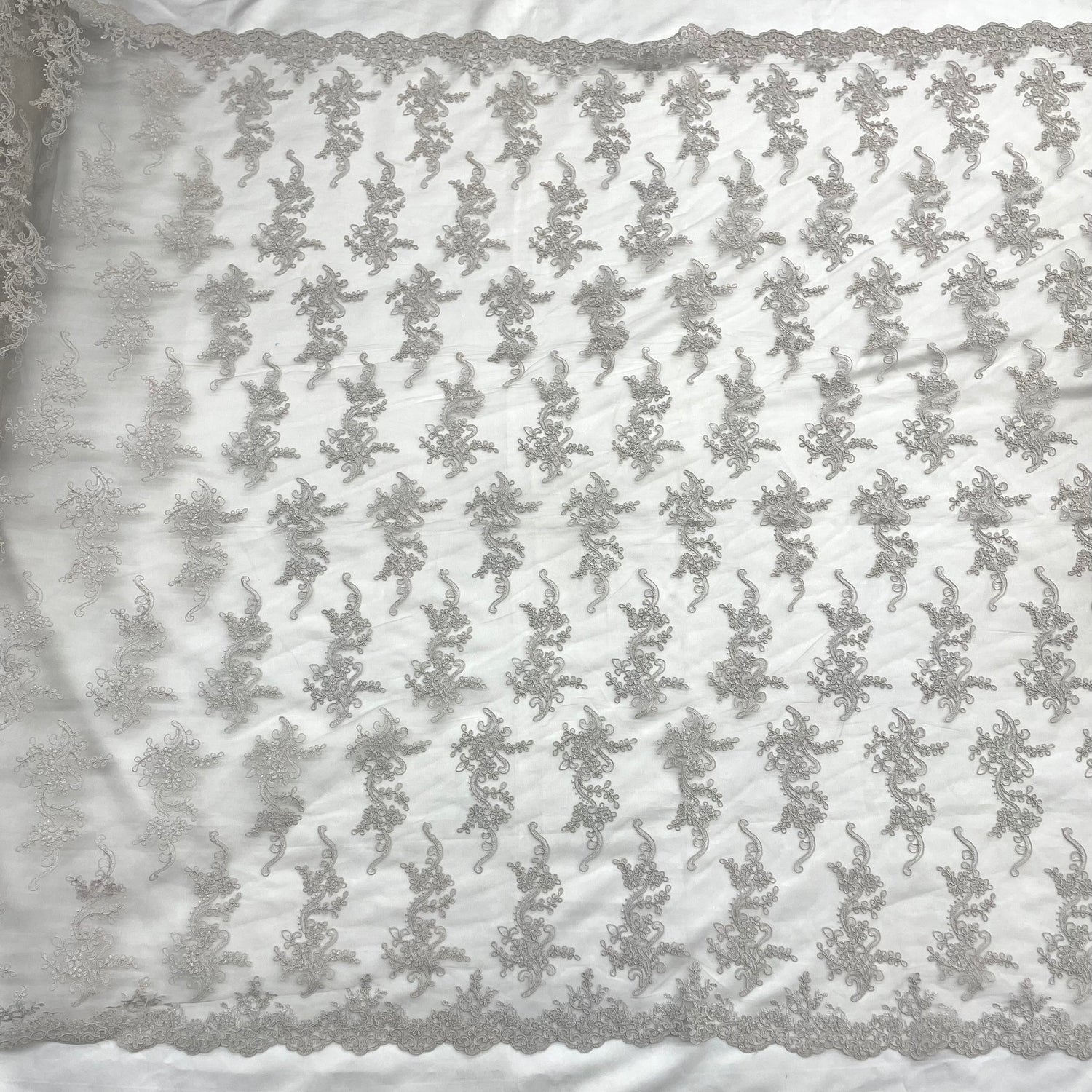 1 Yard Silver Corded Bridal Lace Fabric Embroidered on Polyester Net Mesh for Couture Wedding and Evening Gowns – 54"