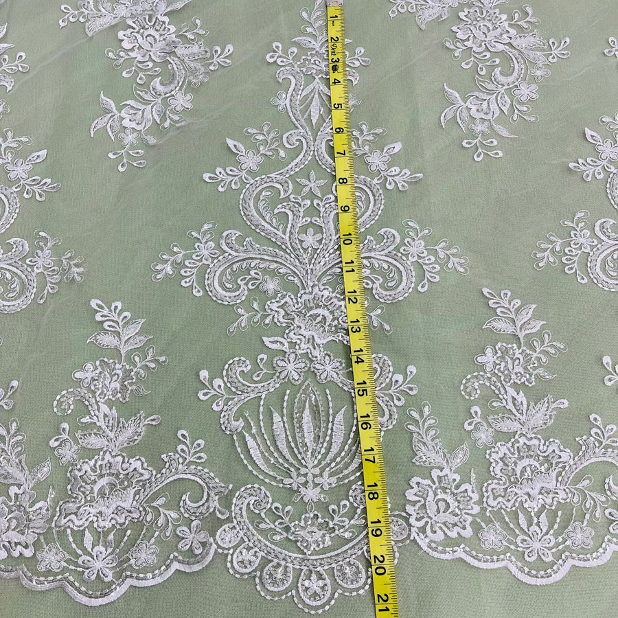 1 Yard Elegant Beaded Lace Fabric Embroidered on Polyester Net Mesh White Ivory and Gold