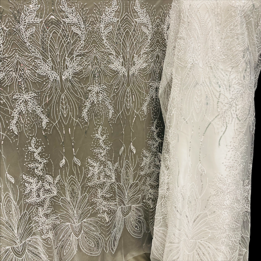 1 Yard Exquisite Beaded Lace Fabric Embroidered on 100% Polyester Net Mesh