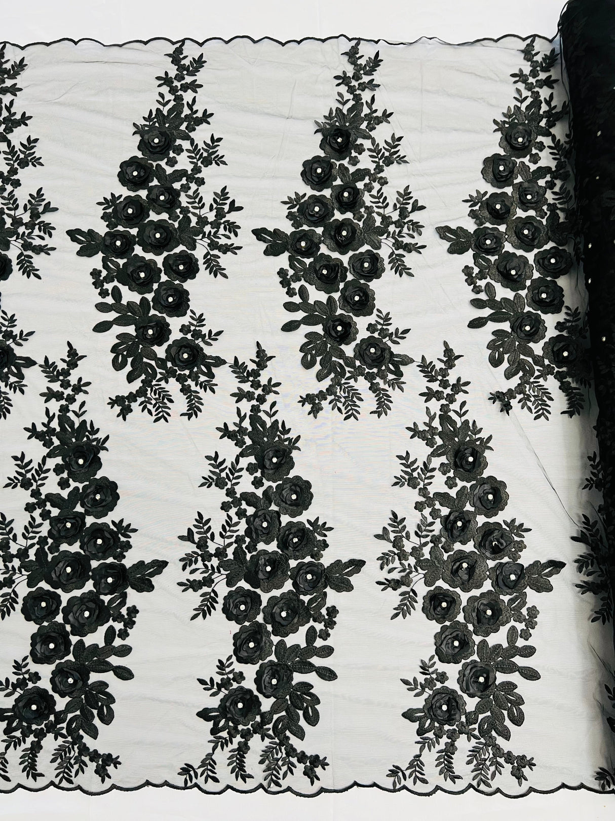 Rosa 3D Floral Design With Rhinestones Polyester Fabric - 3D Floral Embroidered Mesh Lace, 54" Width (1 Yard)
