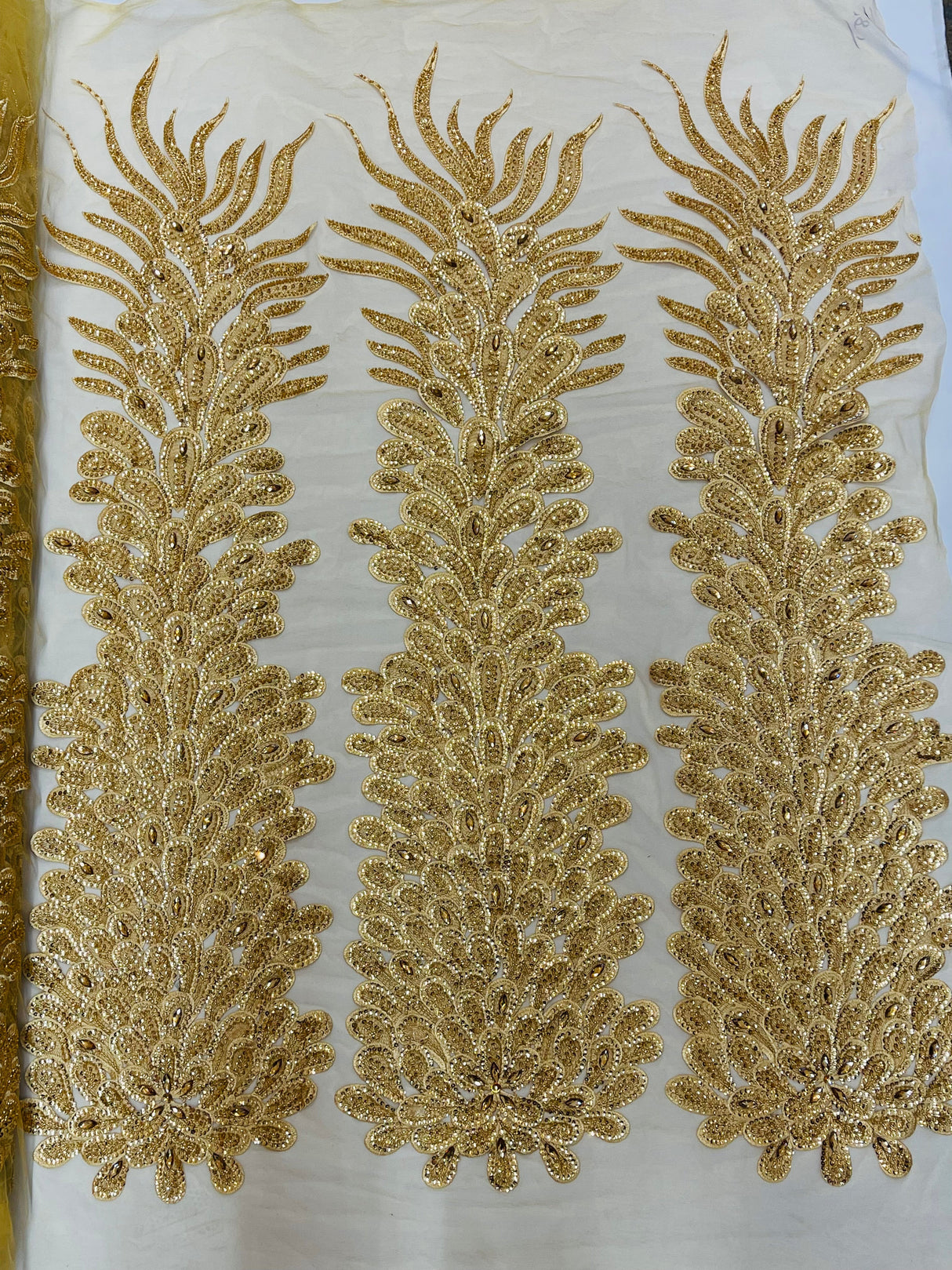 New Vegas Heavy Beaded Feather Design Embroidery Mesh Fabric - Beaded Feather Design, 11" Width, 50" Length (1 Panel)