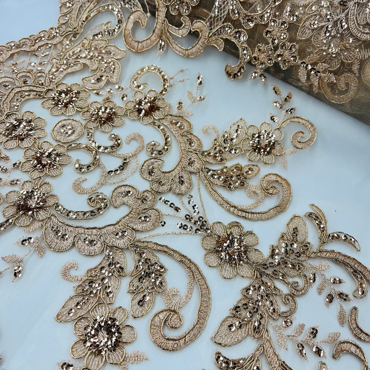 1 Yard Ethereal Beaded Corded Bridal Lace Fabric Embroidered on Premium Mesh 54