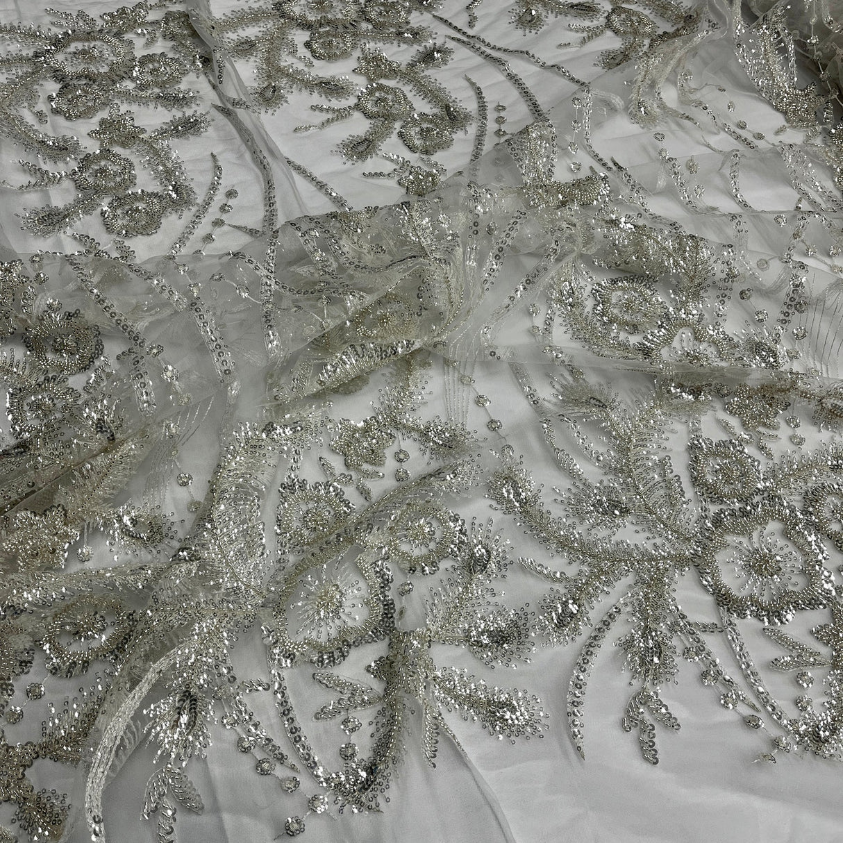 1 Yard Beaded Lace Fabric on Polyester Net Mesh, Embroidered Lace Fabric, 52" Width, GD 2917