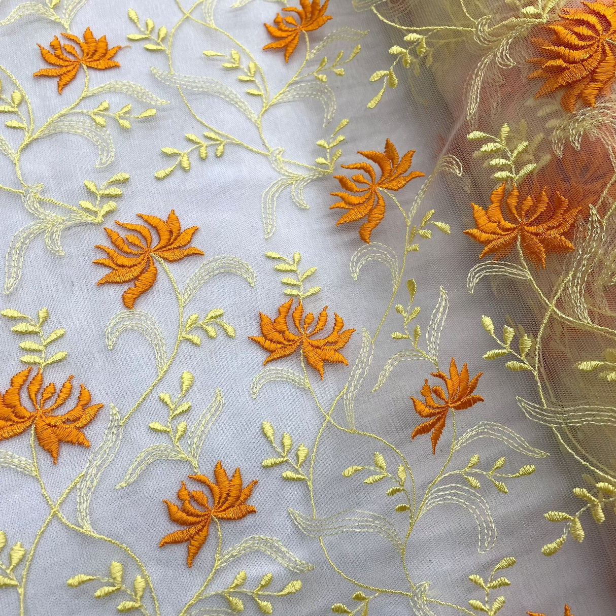 1 Yard Brown Orange Embroidered Lace Fabric on Polyester Net Mesh 54 Inch Width