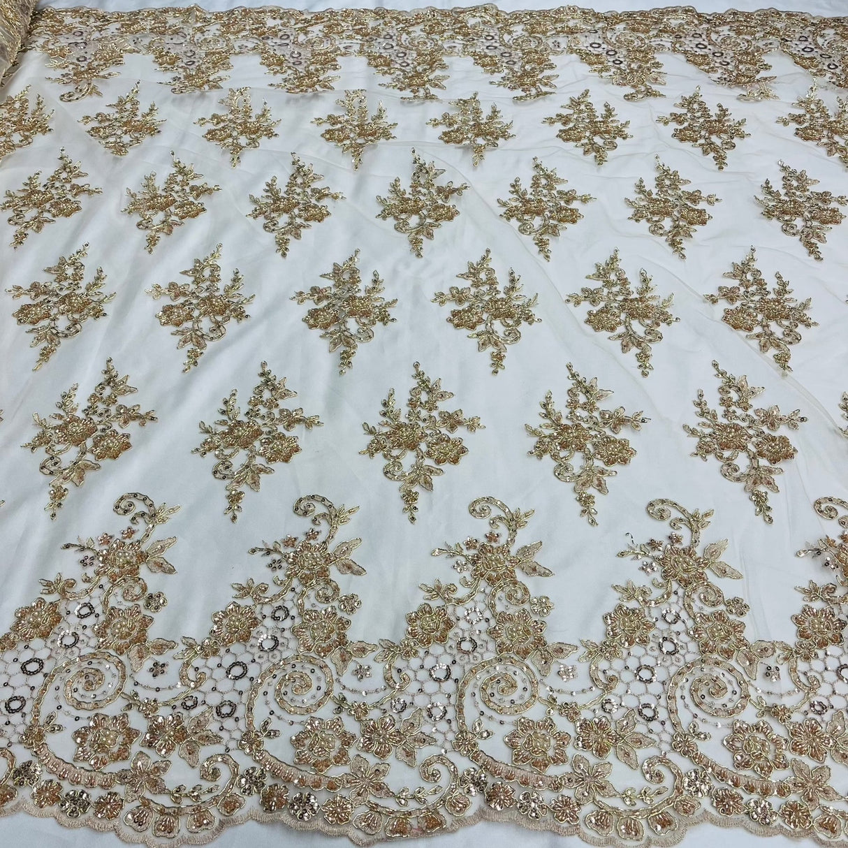1 Yard Royal Blue Corded Lace Fabric with Hand-Embroidered Beading on Mesh 53 inch Width