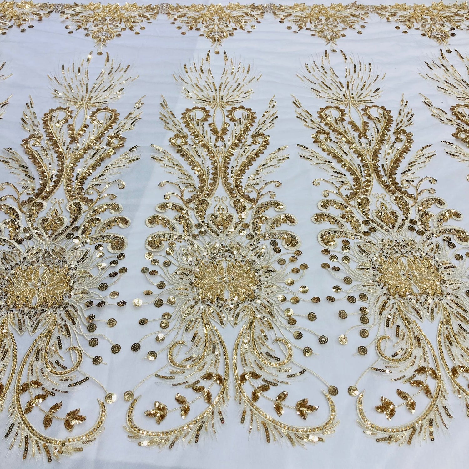 1 Yard Gold Beaded Lace Fabric Embroidered on Polyester Net Mesh 52 Inch Width