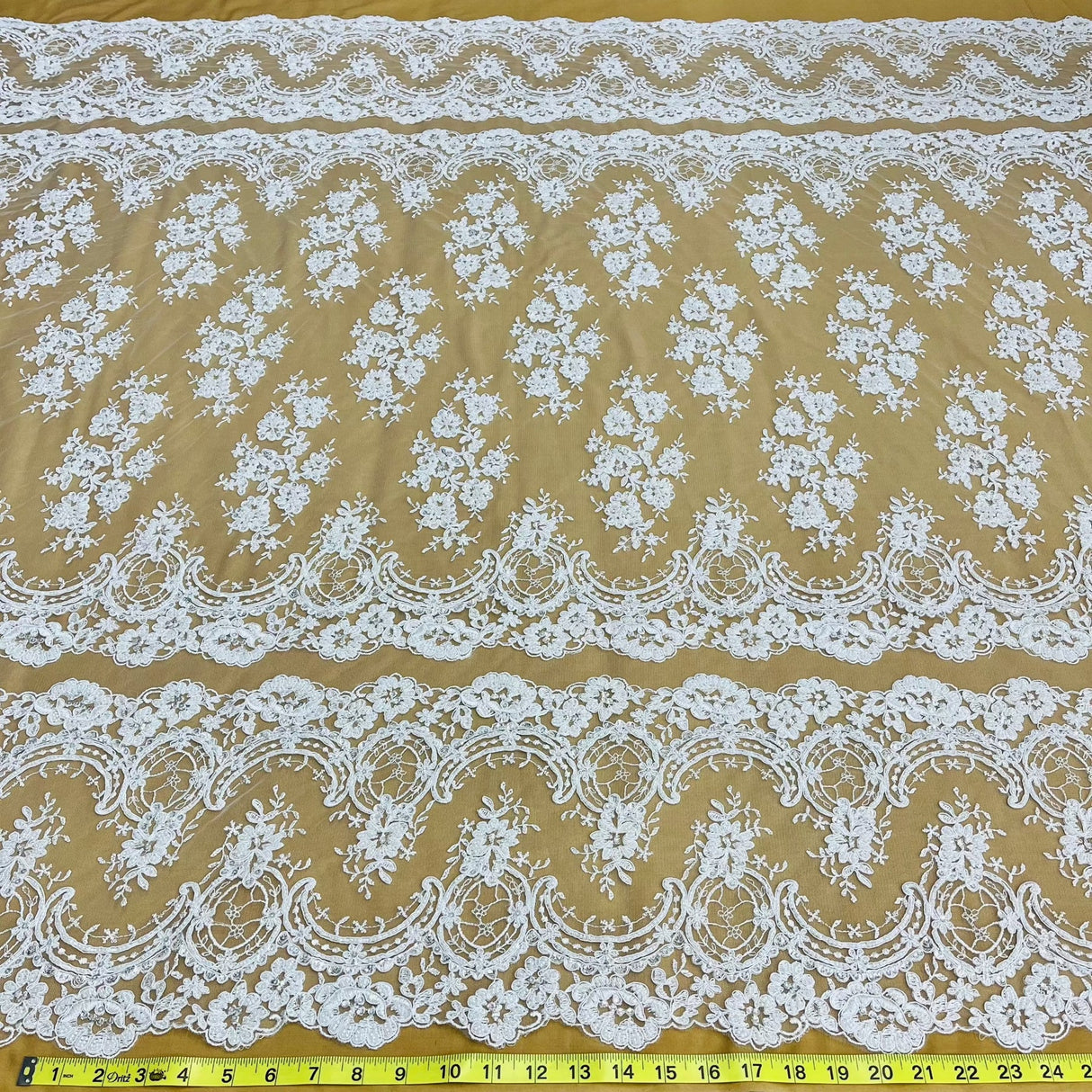 1 Yard Luxurious Beaded Corded Bridal Lace Fabric Embroidered on Premium Mesh 51