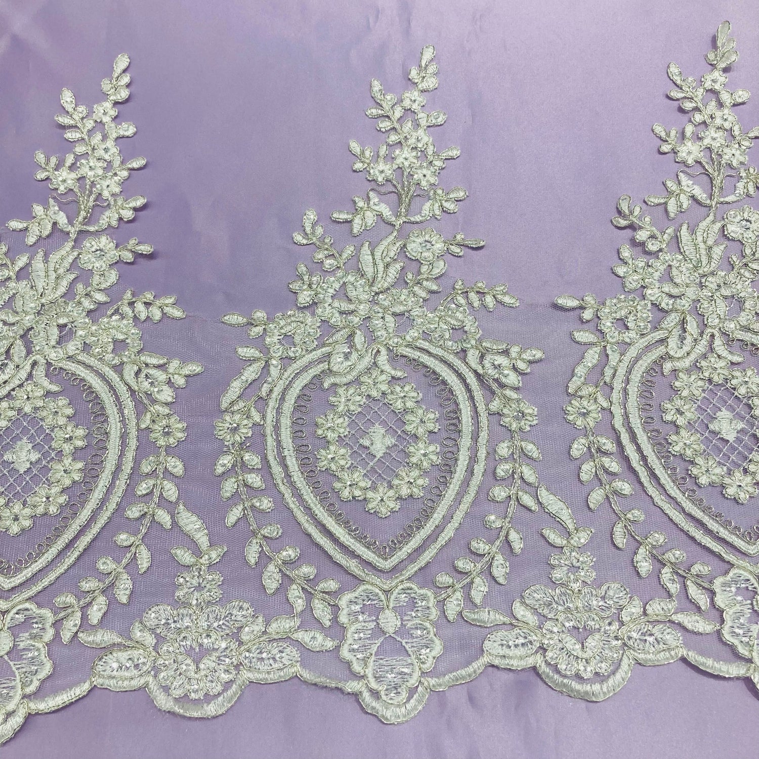 1 Yard Beaded & Corded Lace Trimming  13″ Wide Embroidered on 100% Polyester Net Mesh