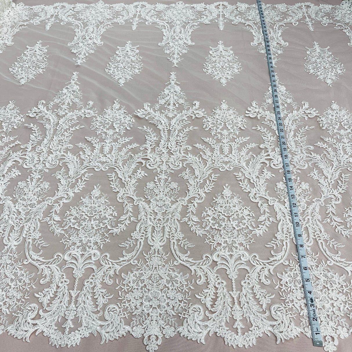 1 Yard Corded Bridal Lace Fabric Embroidered on Premium Polyester Mesh 52