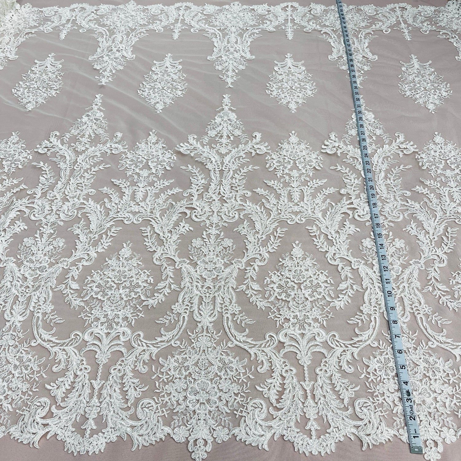 1 Yard Corded Bridal Lace Fabric Embroidered on Premium Polyester Mesh 52