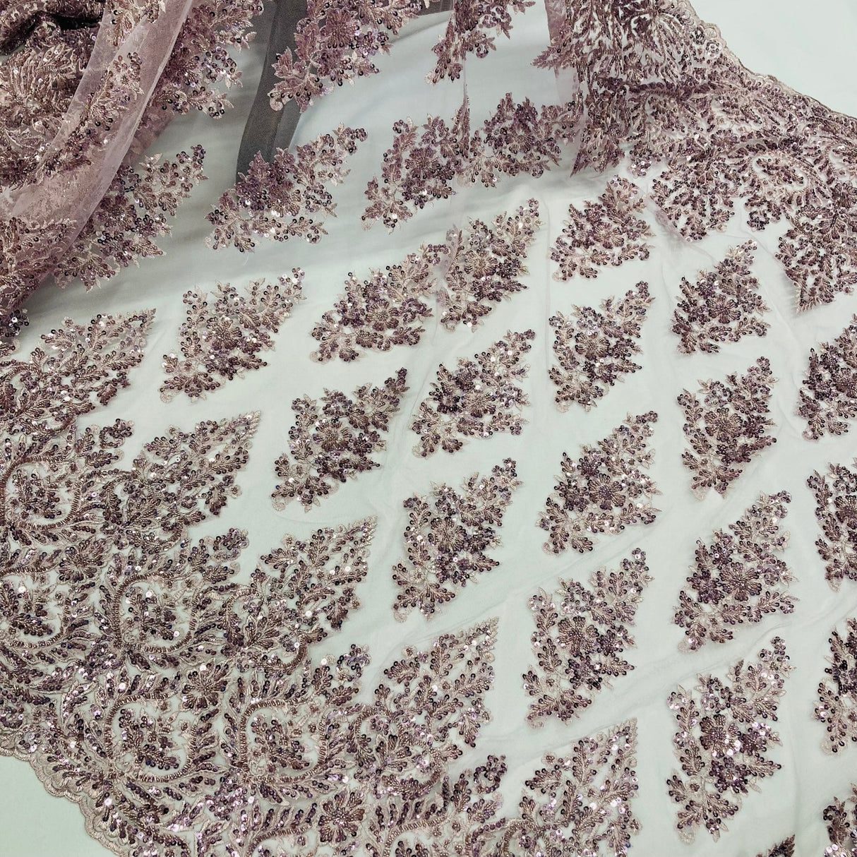 1 Yard Champagne Beaded Embroidered Lace Fabric on Polyester Mesh, 50" Width,