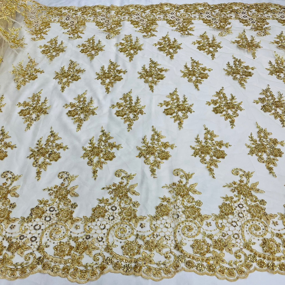 1 Yard Royal Blue Corded Lace Fabric with Hand-Embroidered Beading on Mesh 53 inch Width